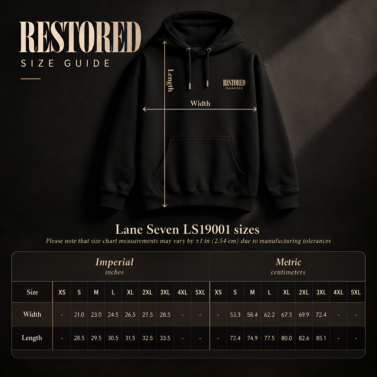 Healed to Heal hoodie size guide (Lane Seven LS19001) in inches and centimeters